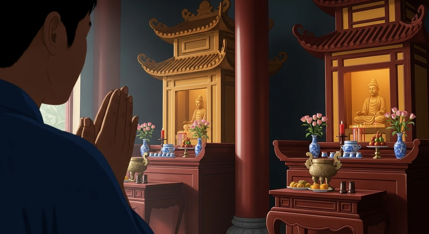 Một người phụ nữ mặc áo dài truyền thống đang thành tâm khấn vái trước ban thờ Phật trong không gian thanh tịnh của chùa, ánh nến lung linh.