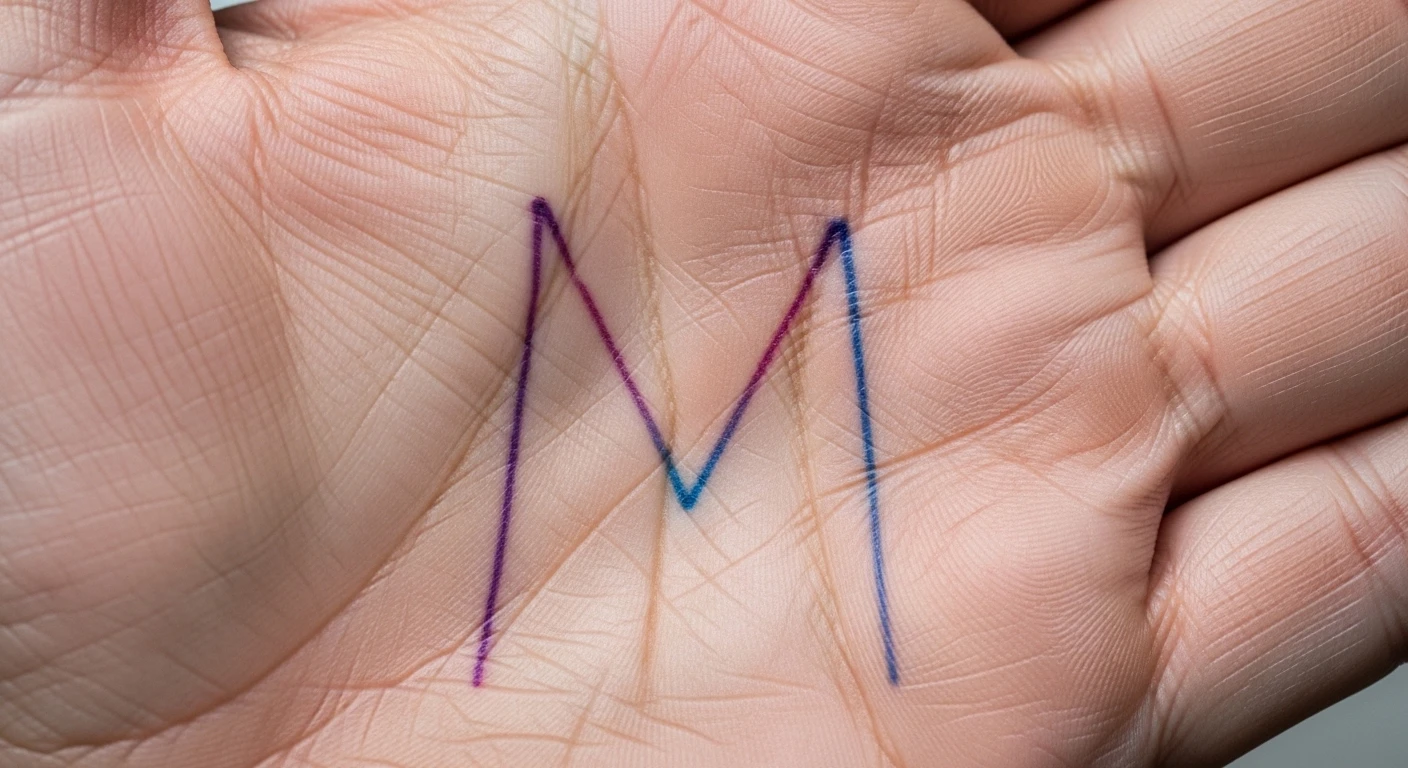 Hình ảnh một bàn tay với các đường chỉ tay chính tạo thành hình chữ M rõ nét, minh họa cho dấu hiệu đặc trưng.