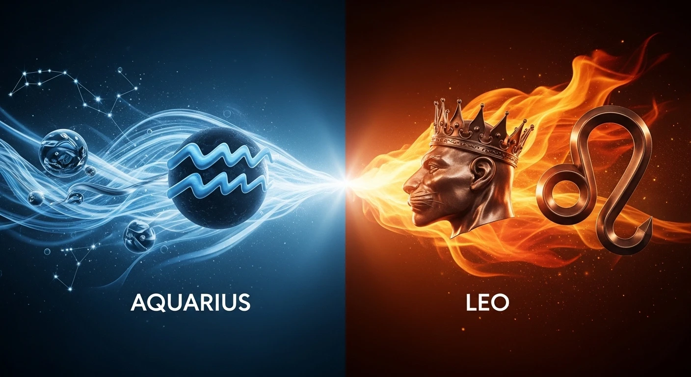 Hai biểu tượng cung hoàng đạo Bảo Bình và Sư Tử đối mặt nhau, tượng trưng cho sự đối lập nhưng cũng thu hút lẫn nhau. Nền là dải ngân hà huyền ảo.