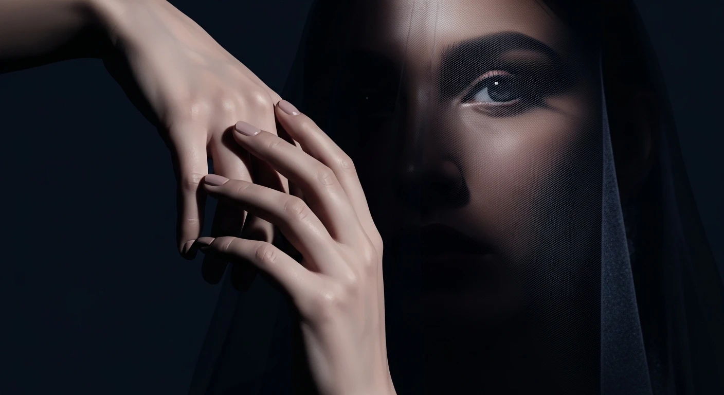 Một người phụ nữ với ánh mắt sâu thẳm, toát lên vẻ bí ẩn và quyến rũ đặc trưng của cung Thiên Yết. Bối cảnh tối, nhiều ánh sáng mờ ảo.