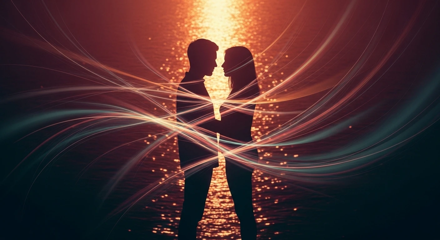 Một cặp đôi đang ôm nhau trong không gian lãng mạn, ánh sáng mờ ảo, tượng trưng cho sự kết nối sâu sắc và đam mê trong tình yêu của Thiên Yết.