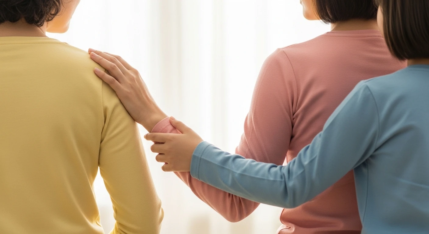 Một cặp vợ chồng nắm tay nhau, nhìn về phía chân trời với nụ cười mãn nguyện, tượng trưng cho sự hòa thuận và hạnh phúc gia đình nhờ biết nhường nhịn.