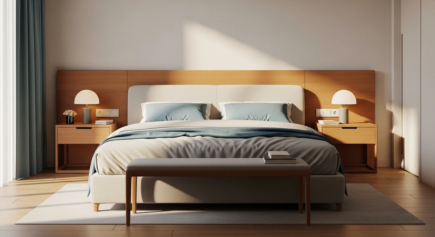 Một phòng ngủ gọn gàng, ấm cúng với giường ngủ được kê sát tường, hai tủ đầu giường đối xứng và ánh sáng dịu nhẹ, tạo không gian lý tưởng để thu hút tình yêu.