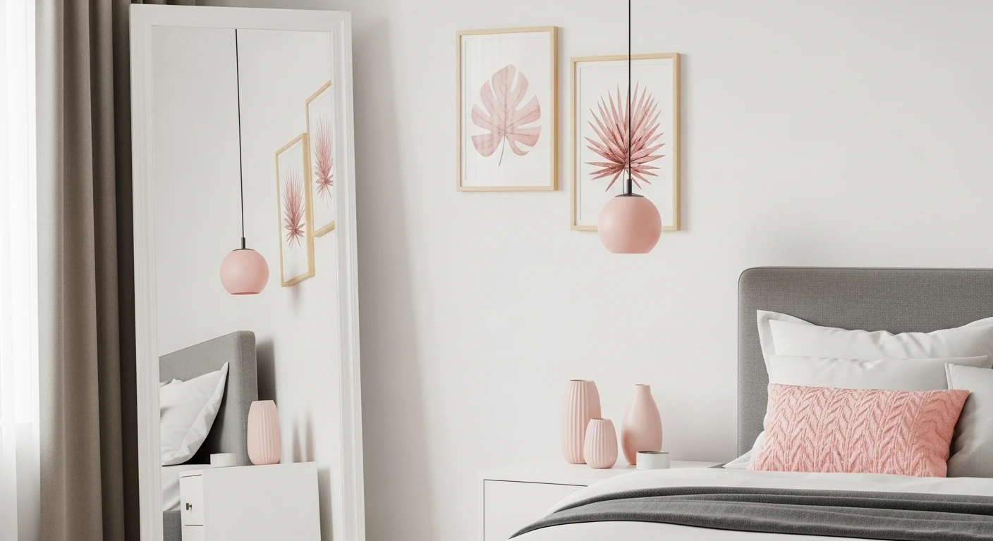 Một cặp nến thơm màu hồng đặt trên tủ đầu giường, cùng với một bình hoa tươi nhỏ, tạo điểm nhấn lãng mạn và thu hút năng lượng tình yêu.