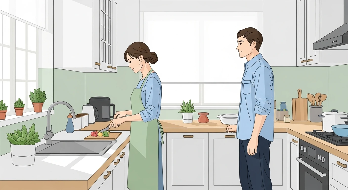 Một cặp vợ chồng trẻ đang tranh cãi trong phòng khách, người vợ khoanh tay thể hiện sự khó chịu, người chồng có vẻ bối rối. Ánh sáng trong phòng hơi tối, tạo cảm giác căng thẳng.