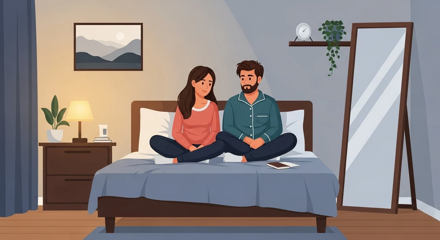 Một phòng ngủ được bài trí gọn gàng, ấm cúng với tông màu nhẹ nhàng, giường ngủ được kê sát tường vững chãi. Có ánh sáng dịu nhẹ từ đèn ngủ và một vài vật trang trí đơn giản, tạo không gian thư thái.