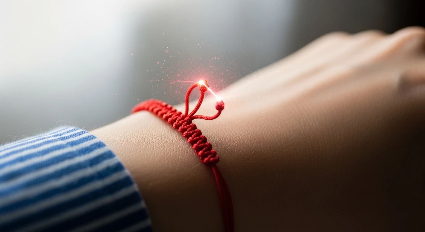 Một cô gái trẻ đang đeo vòng chỉ đỏ trên cổ tay, tay chắp lại thành kính trong không gian thanh tịnh của chùa chiền.