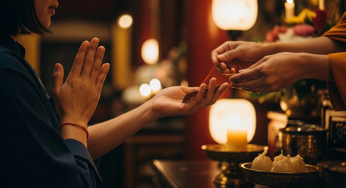 Một vị sư thầy đang trì chú cho những chiếc vòng chỉ đỏ, đặt trên một bàn thờ trang nghiêm với nến và hoa, toát lên vẻ linh thiêng và thanh tịnh.