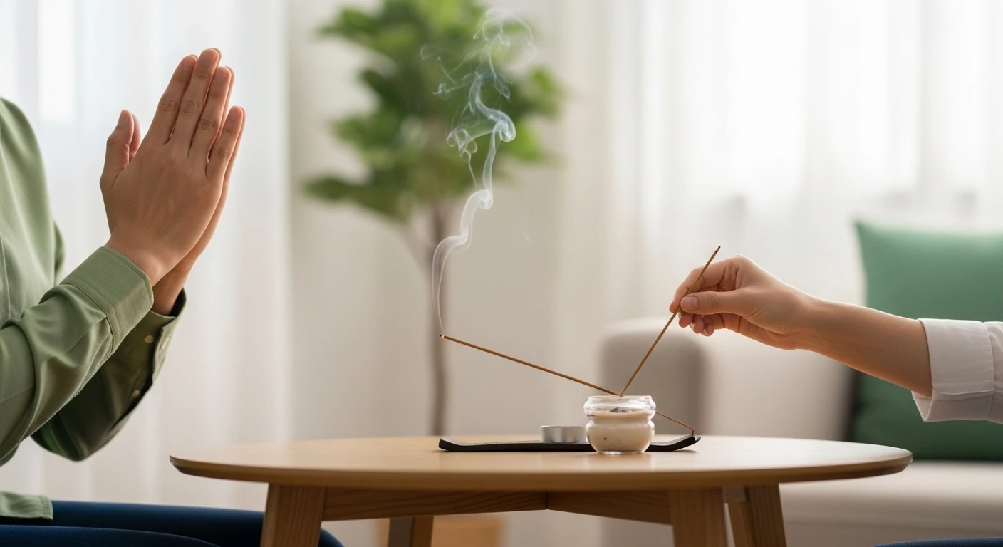 Một người phụ nữ trẻ đang thành tâm chắp tay cầu nguyện trước ban thờ Phật tại gia, xung quanh có nến và hoa tươi. Ánh sáng ấm áp.