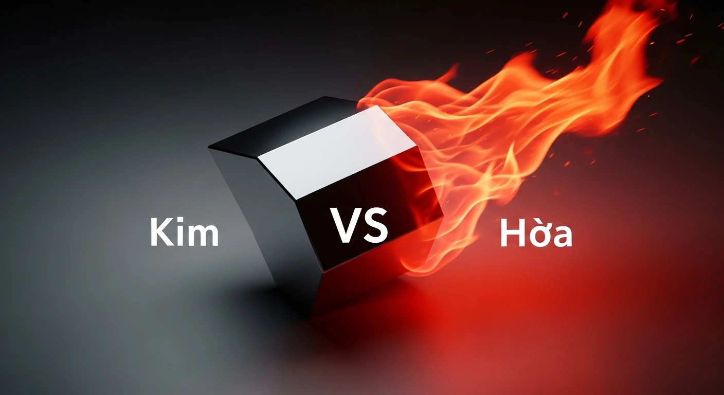 Minh họa vòng tròn Ngũ hành với mối quan hệ sinh khắc, đặc biệt nhấn mạnh mũi tên chỉ từ Hỏa đến Kim, tượng trưng cho sự xung khắc.