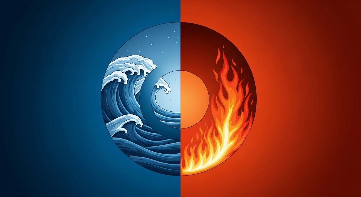 Hình ảnh ẩn dụ về sự đối lập giữa ngọn lửa bùng cháy và dòng nước chảy xiết, tượng trưng cho mối quan hệ chồng mệnh Thủy vợ mệnh Hỏa, với tiềm năng tương khắc và dung hòa.