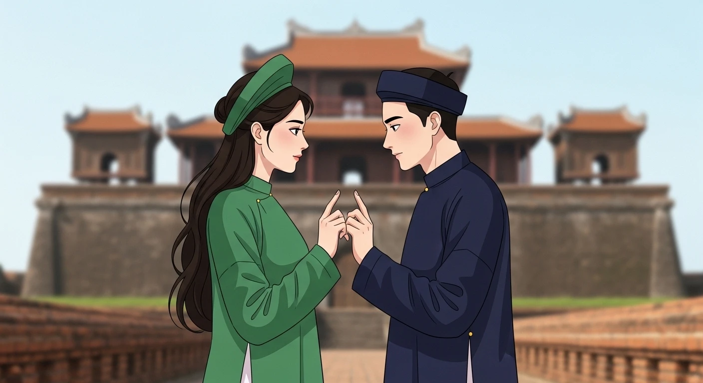 Hình ảnh một công chúa cổ trang Việt Nam đang tựa vào vai một chàng trai, thể hiện tình yêu đôi lứa nhưng ẩn chứa nỗi buồn và sự chia ly. Bối cảnh cổ kính, mờ ảo.