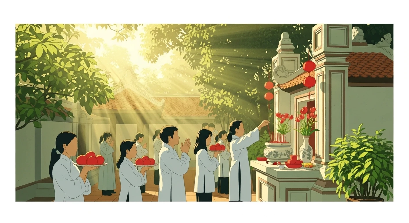 Hình ảnh một ngôi chùa cổ kính, trầm mặc với mái ngói cong, nằm giữa không gian xanh mướt, gợi lên sự linh thiêng và bình yên. Bối cảnh có thể là Chùa Am Mỵ Châu hoặc một ngôi chùa tương tự.