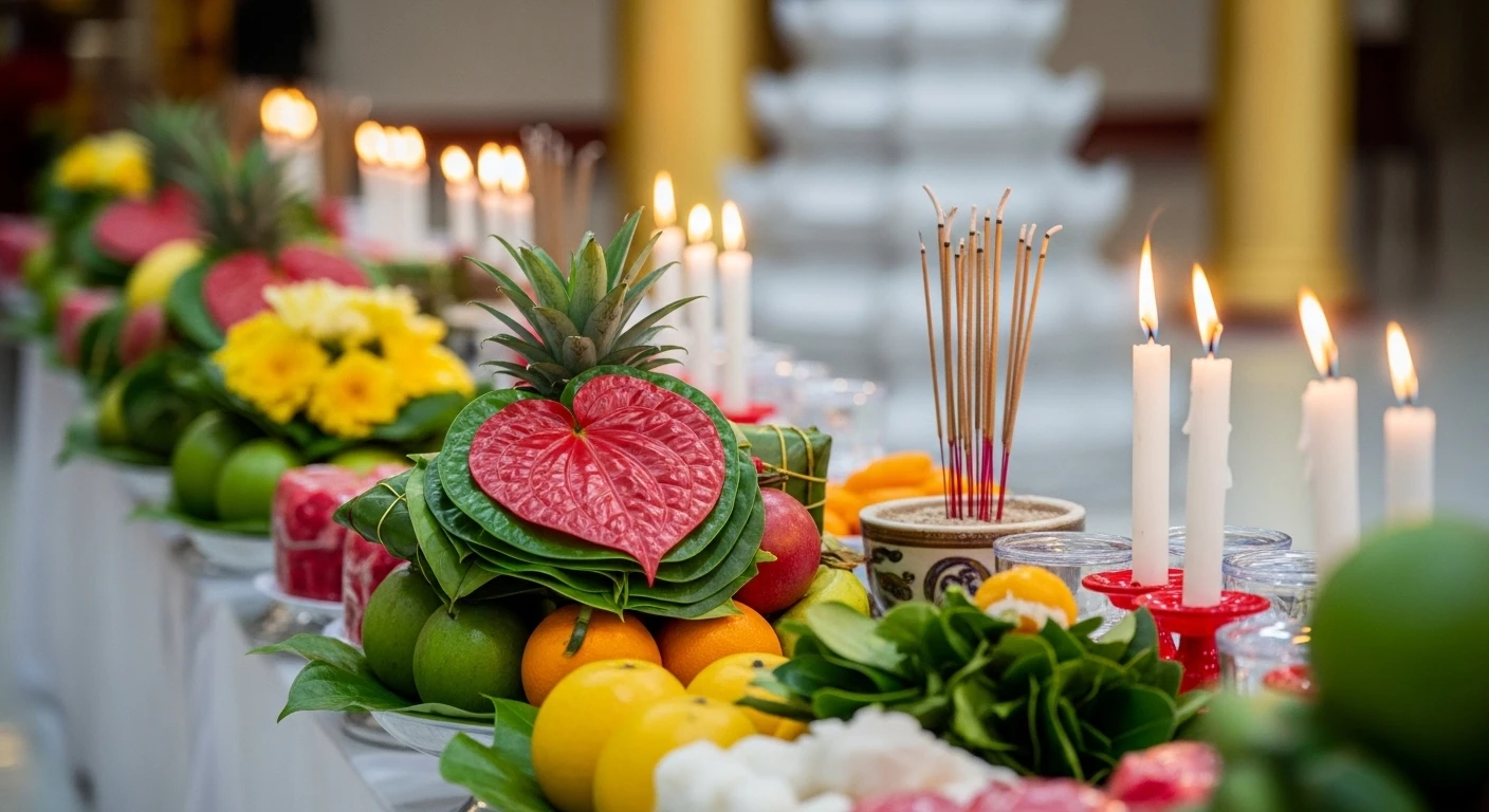 Mâm lễ vật được bày biện trang trọng với hoa tươi, trái cây, hương và nến, thể hiện lòng thành kính khi sắm lễ tại Chùa Láng.