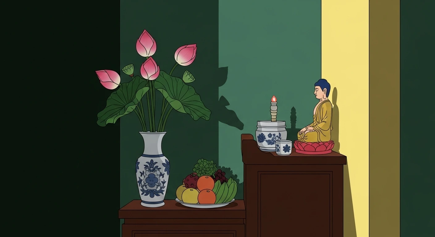 Một người phụ nữ mặc áo dài truyền thống đang thành tâm khấn vái trước ban thờ Phật trong không gian thanh tịnh của chùa.