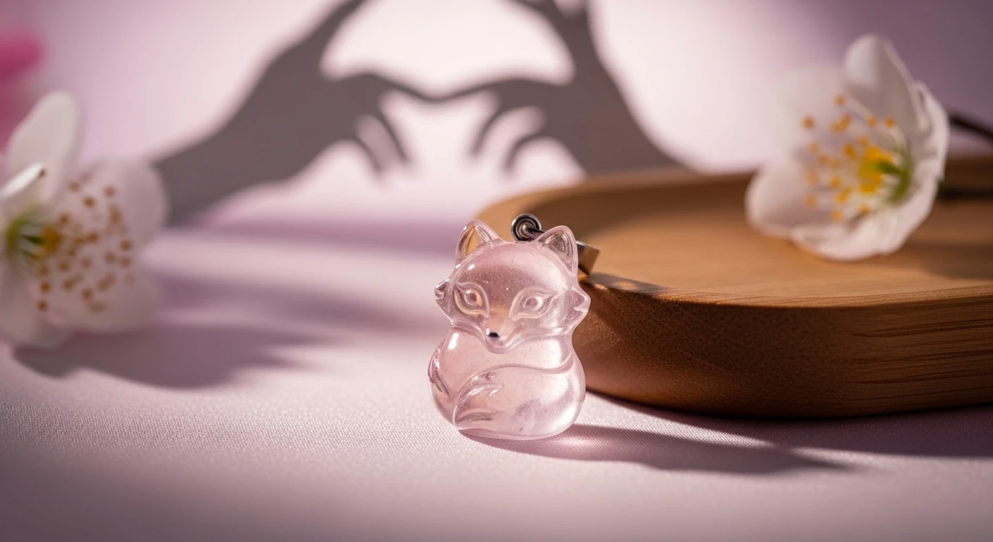 Tượng hồ ly đá thạch anh hồng được chạm khắc tinh xảo, đặt trên đế gỗ, tỏa ra năng lượng dịu dàng, tượng trưng cho tình duyên và may mắn.