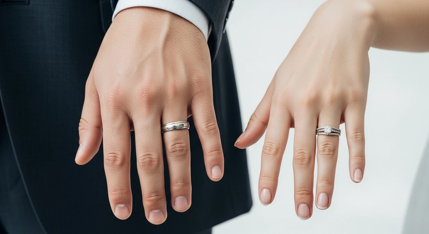 Bàn tay trái và bàn tay phải của một người phụ nữ, mỗi ngón tay đều đeo một chiếc nhẫn với kiểu dáng và ý nghĩa khác nhau, tượng trưng cho sự đa dạng trong cách đeo nhẫn.