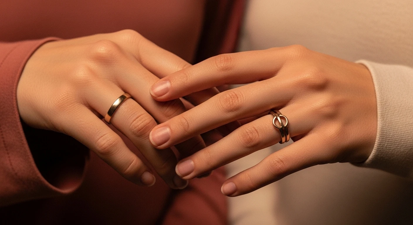 Một cặp đôi đang nắm tay, trên ngón áp út của cả hai đều có nhẫn cưới, biểu tượng cho tình yêu và sự gắn kết bền chặt. Ánh sáng dịu nhẹ, lãng mạn.