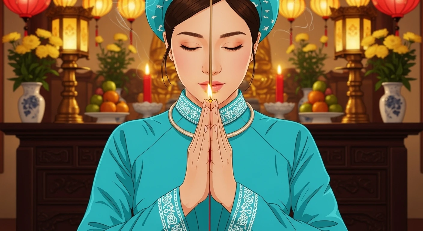 Một cô gái trẻ đang thành tâm chắp tay cầu nguyện trước tượng Phật Quan Âm trong một ngôi chùa cổ kính, ánh sáng dịu nhẹ bao trùm, tạo không khí thanh tịnh và thiêng liêng.