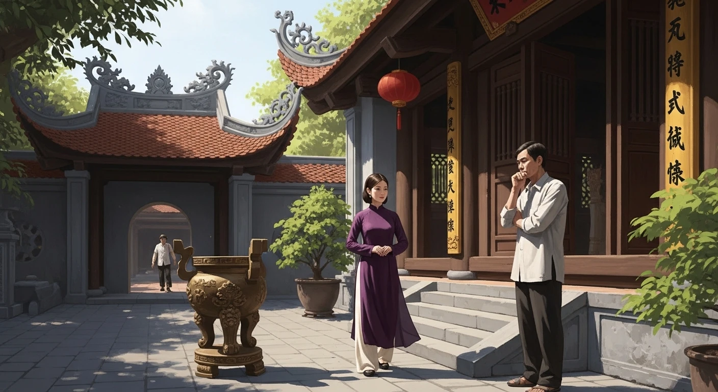 Một nhóm bạn trẻ đang dâng hương tại một ngôi chùa cổ kính ở Hà Nội, khung cảnh trang nghiêm, ánh nắng chiều tà.