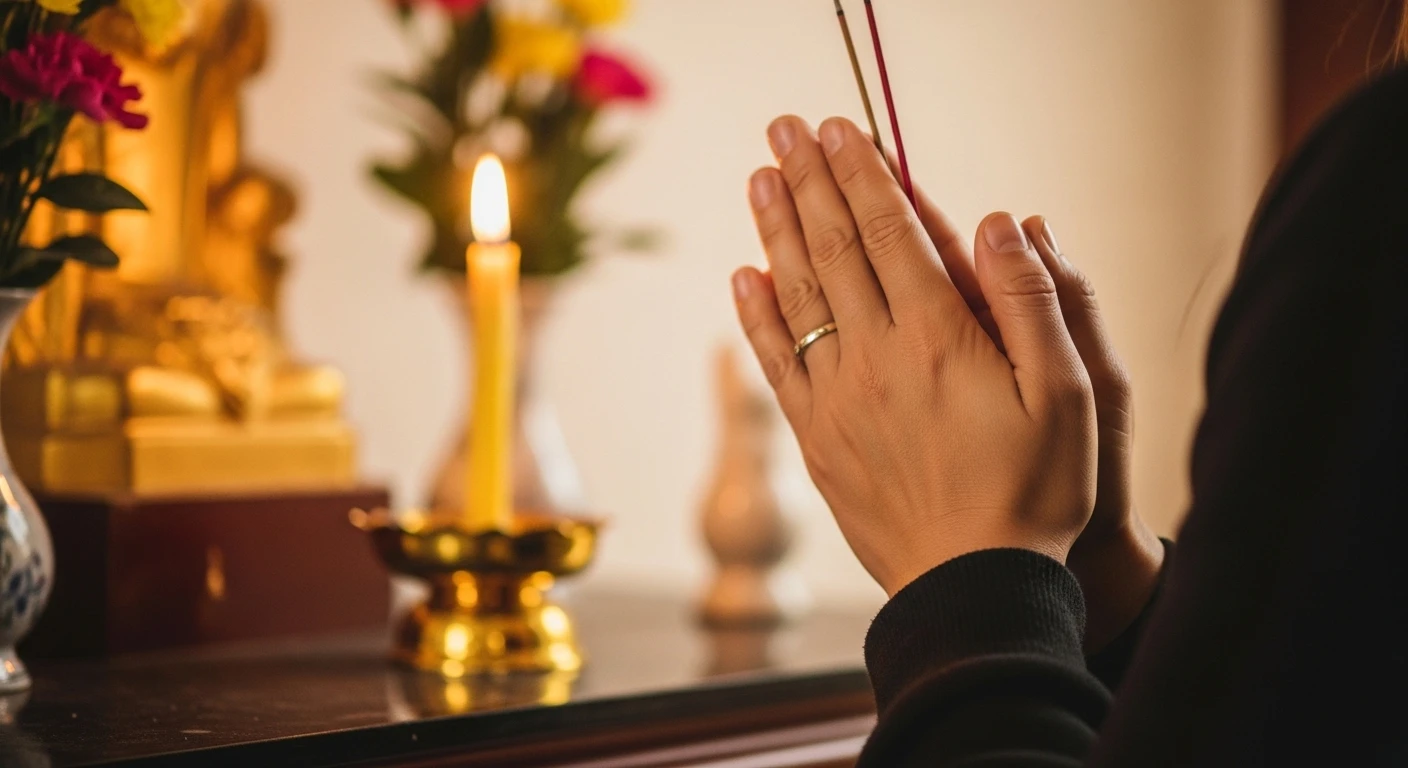 Một cô gái trẻ đang thành tâm chắp tay cầu nguyện trước ban thờ Phật trong chùa, ánh nến lung linh.