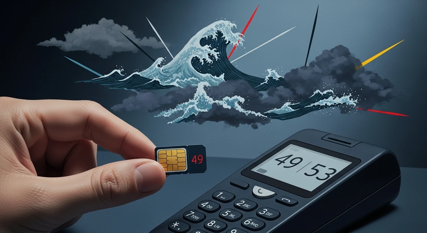 Một chiếc SIM điện thoại với các con số 49 và 53 nổi bật, được bao quanh bởi ánh sáng mờ ảo, tượng trưng cho những quan niệm và niềm tin về số điện thoại.