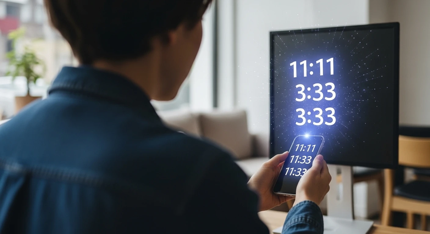 Một bàn tay đang chạm vào hình ảnh các con số lặp lại 333, 444, 555 phát sáng trên nền vũ trụ đầy sao, tượng trưng cho thông điệp từ vũ trụ.