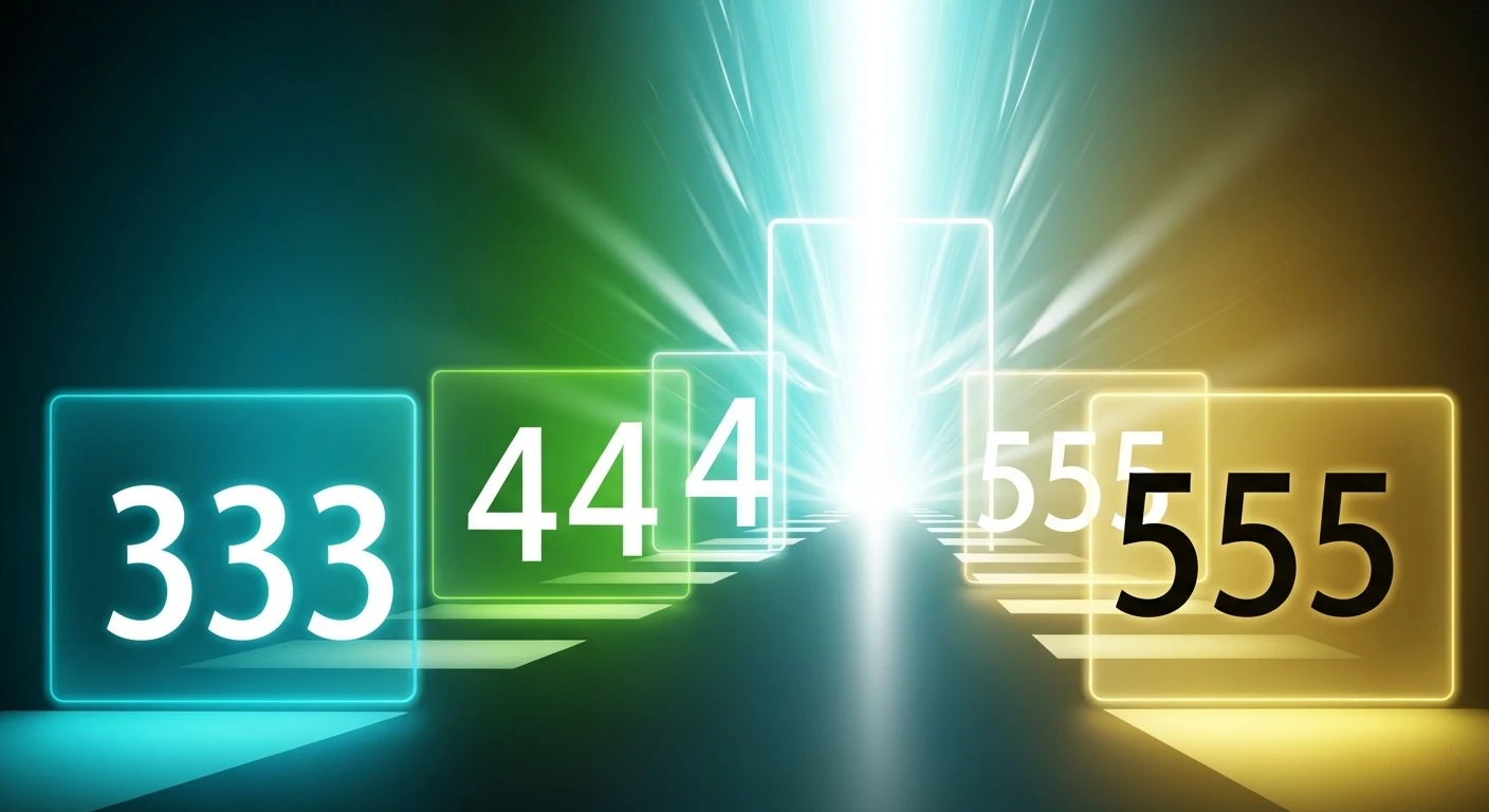 Một cô gái đang thiền định dưới ánh sáng lung linh của các con số 333, 444, 555 xoay quanh, biểu thị sự kết nối tâm linh và nhận thức các thông điệp.