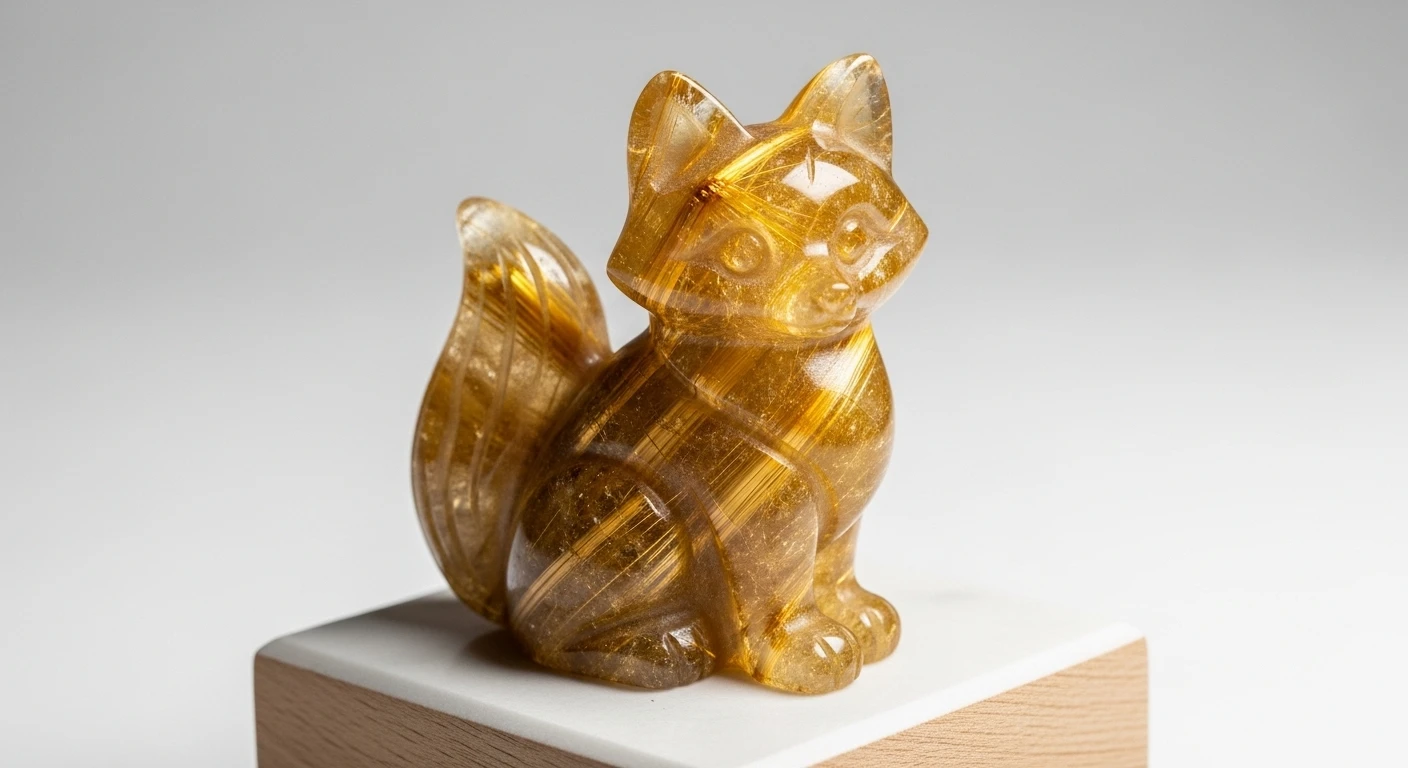 Một viên đá thạch anh tóc vàng tự nhiên với những sợi rutile óng ánh bên trong, đặt trên nền vải tối màu, ánh sáng phản chiếu tạo hiệu ứng lấp lánh.