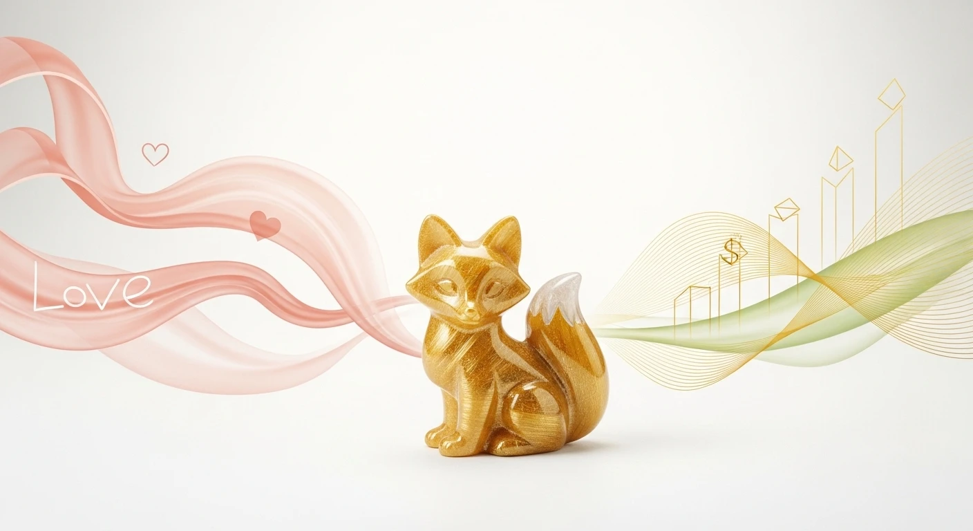 Một mặt dây chuyền Hồ ly được tạc từ đá thạch anh tóc vàng, với các sợi tóc vàng lấp lánh và hình dáng Hồ ly tinh xảo, đặt trên nền tối.