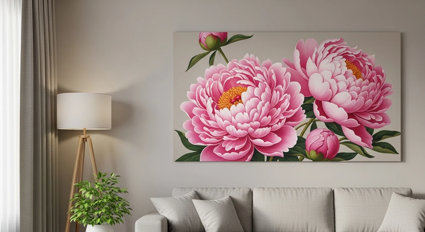 Bức tranh hoa mẫu đơn màu hồng rực rỡ đang nở rộ trong một bình gốm sứ tinh xảo, đặt trong không gian phòng khách ấm cúng.