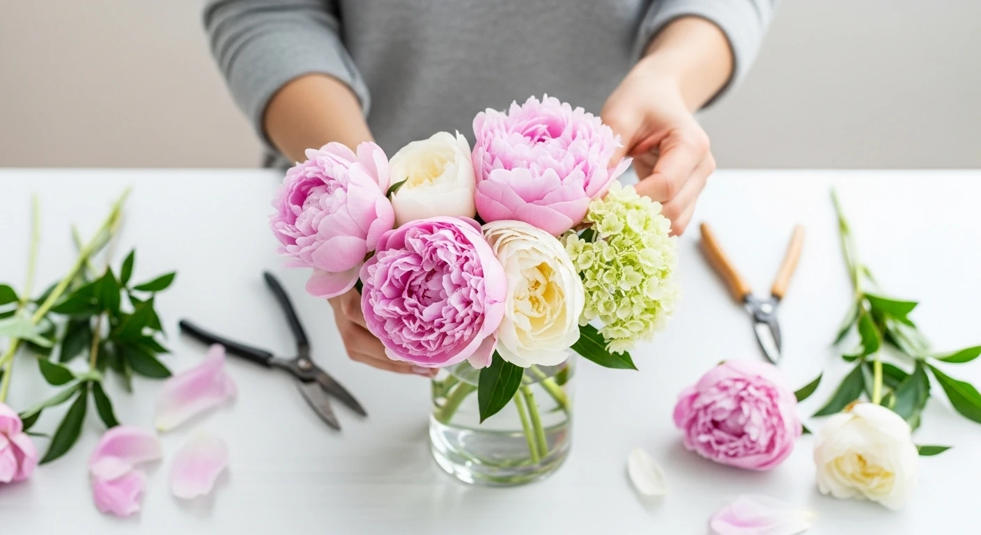 Một cô gái đang nhẹ nhàng cắm những bông hoa mẫu đơn hồng tươi tắn vào một chiếc bình thủy tinh, thể hiện sự tỉ mỉ và tâm huyết trong việc trang trí nhà cửa.