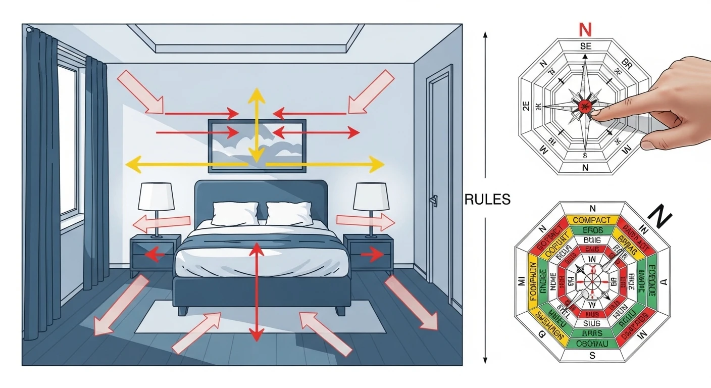 Sơ đồ Bát Trạch với các hướng tốt xấu được minh họa rõ ràng, giúp người xem dễ dàng hình dung cách tính toán hướng giường ngủ.