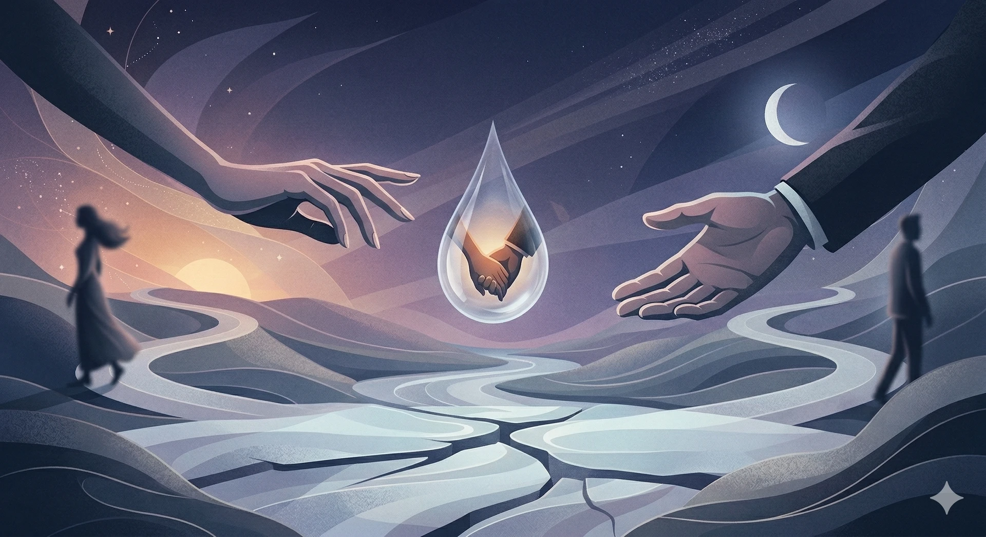 Hai bàn tay nắm chặt dưới ánh hoàng hôn, tượng trưng cho mối duyên lành và sự kết nối mạnh mẽ giữa hai con người.