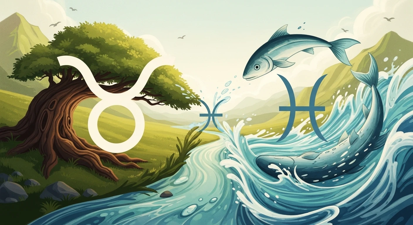 Một cặp đôi Kim Ngưu và Song Ngư đang nắm tay nhau trên bãi biển lúc hoàng hôn, tượng trưng cho sự kết hợp lãng mạn giữa Đất và Nước.