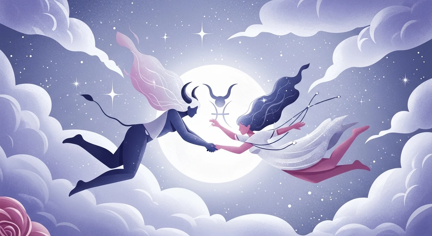 Một cặp đôi Kim Ngưu và Song Ngư đang cùng nhau ngắm nhìn bầu trời đầy sao, tượng trưng cho sự bình yên và lãng mạn trong tình yêu của họ.