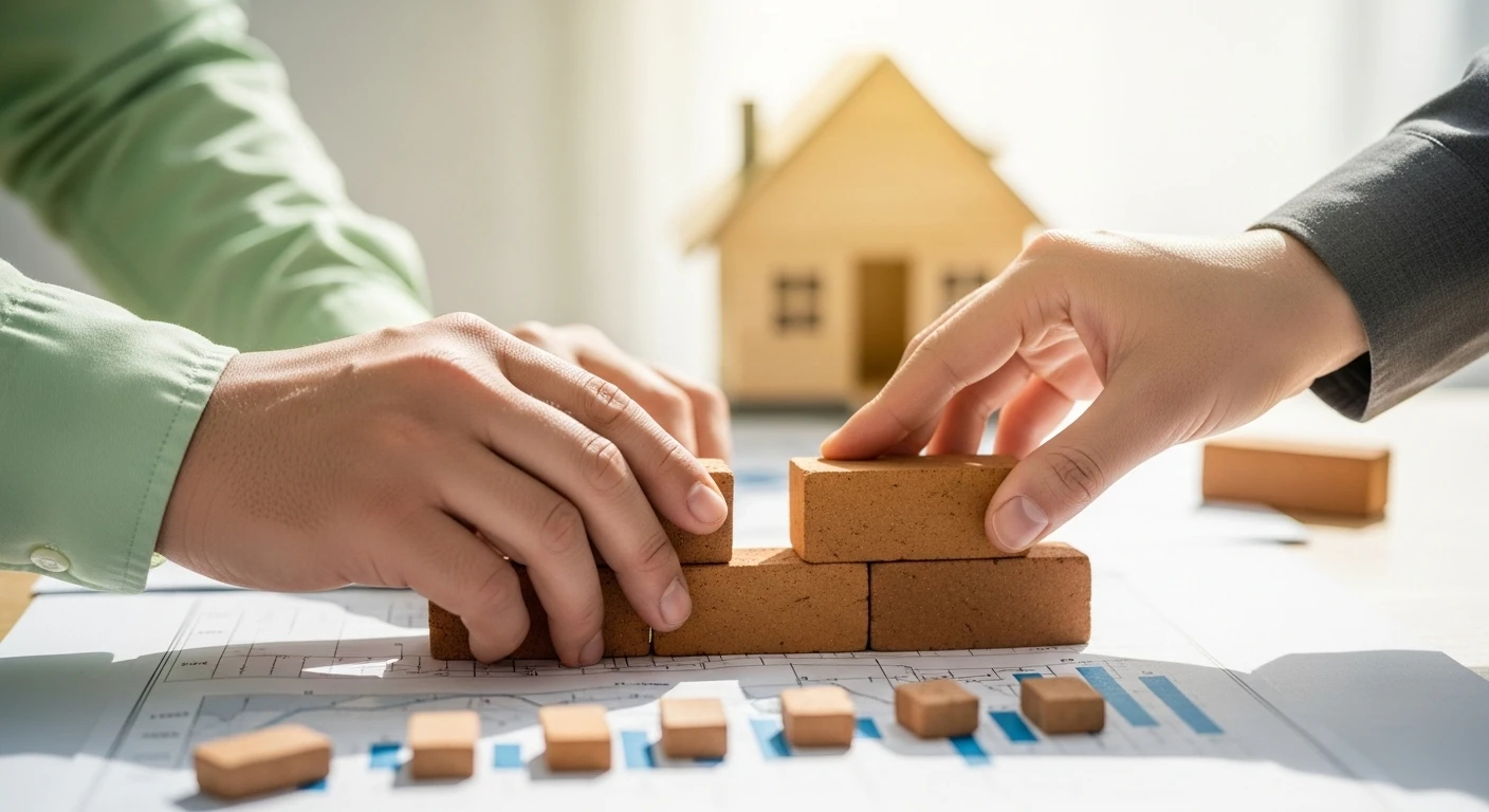 Một cặp đôi Ma Kết và Kim Ngưu đang cùng nhau xem xét bản kế hoạch tài chính hoặc sổ tiết kiệm, thể hiện sự đồng lòng trong việc xây dựng nền tảng vật chất vững chắc cho tương lai.