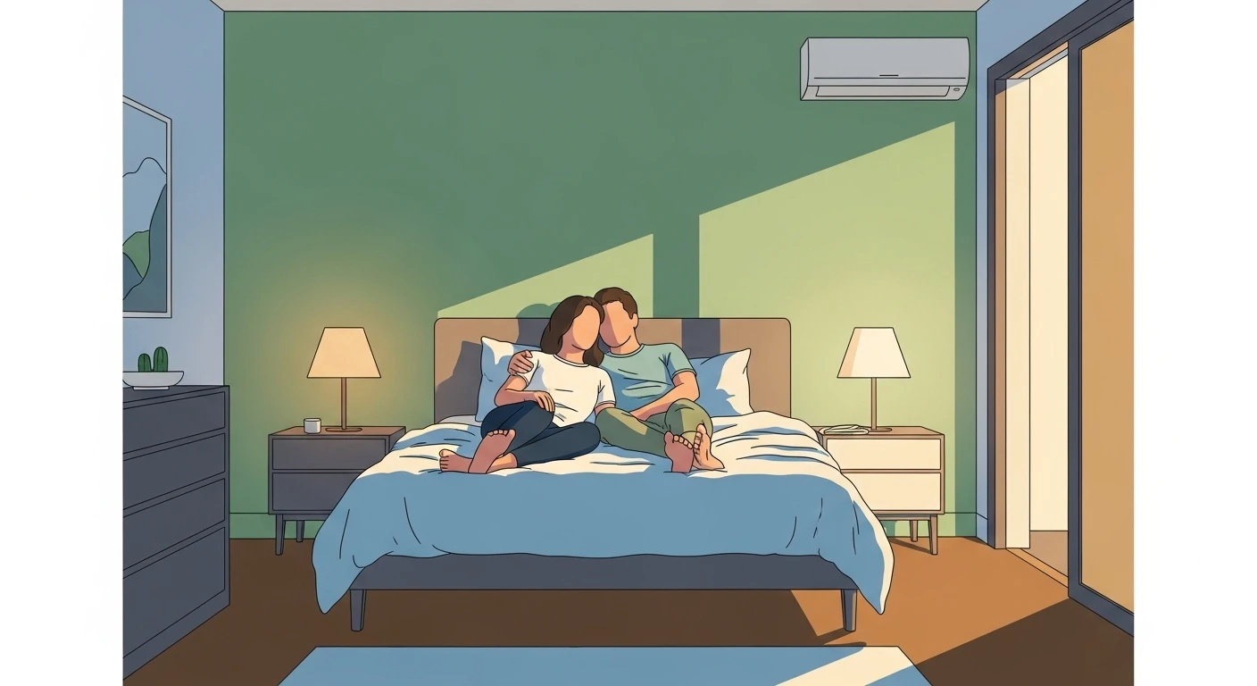 Một phòng ngủ hiện đại với màu sơn tường xanh dương nhạt, kết hợp nội thất gỗ sáng màu và vài điểm nhấn màu trắng, tạo cảm giác thư thái và cân bằng, phù hợp với người mệnh Thủy.