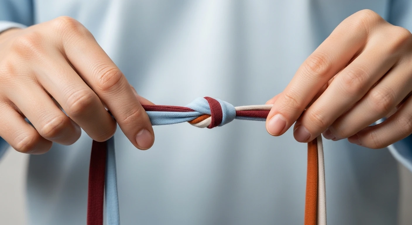 Hai chiếc áo được cột chặt bằng sợi chỉ đỏ, đặt trên một chiếc bàn gỗ với ánh sáng ấm áp, tượng trưng cho mẹo dân gian giữ lửa hôn nhân.