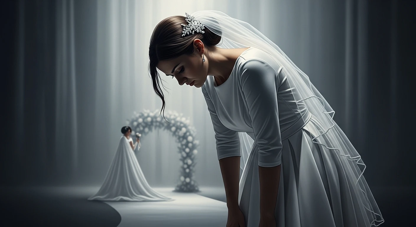 Một cô dâu cô đơn đứng một mình trong lễ đường vắng, ánh mắt buồn bã, tượng trưng cho giấc mơ đám cưới không chú rể và áp lực tâm lý.