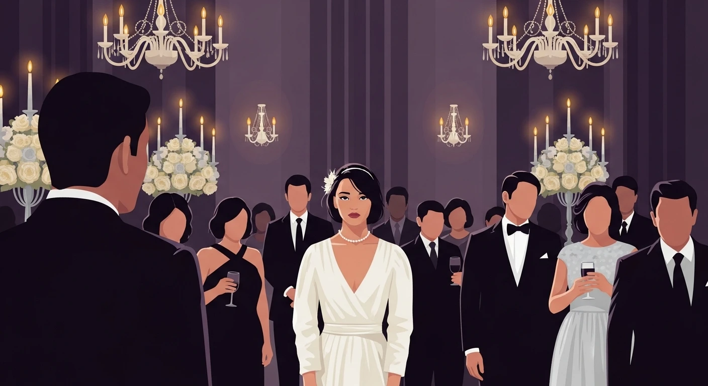 Hình ảnh một cặp đôi đang nhảy múa trong đám cưới, ánh sáng lung linh, xung quanh là những người lạ đang cổ vũ. Bức ảnh mang đến cảm giác vui tươi, hạnh phúc và sự kết nối bất ngờ.