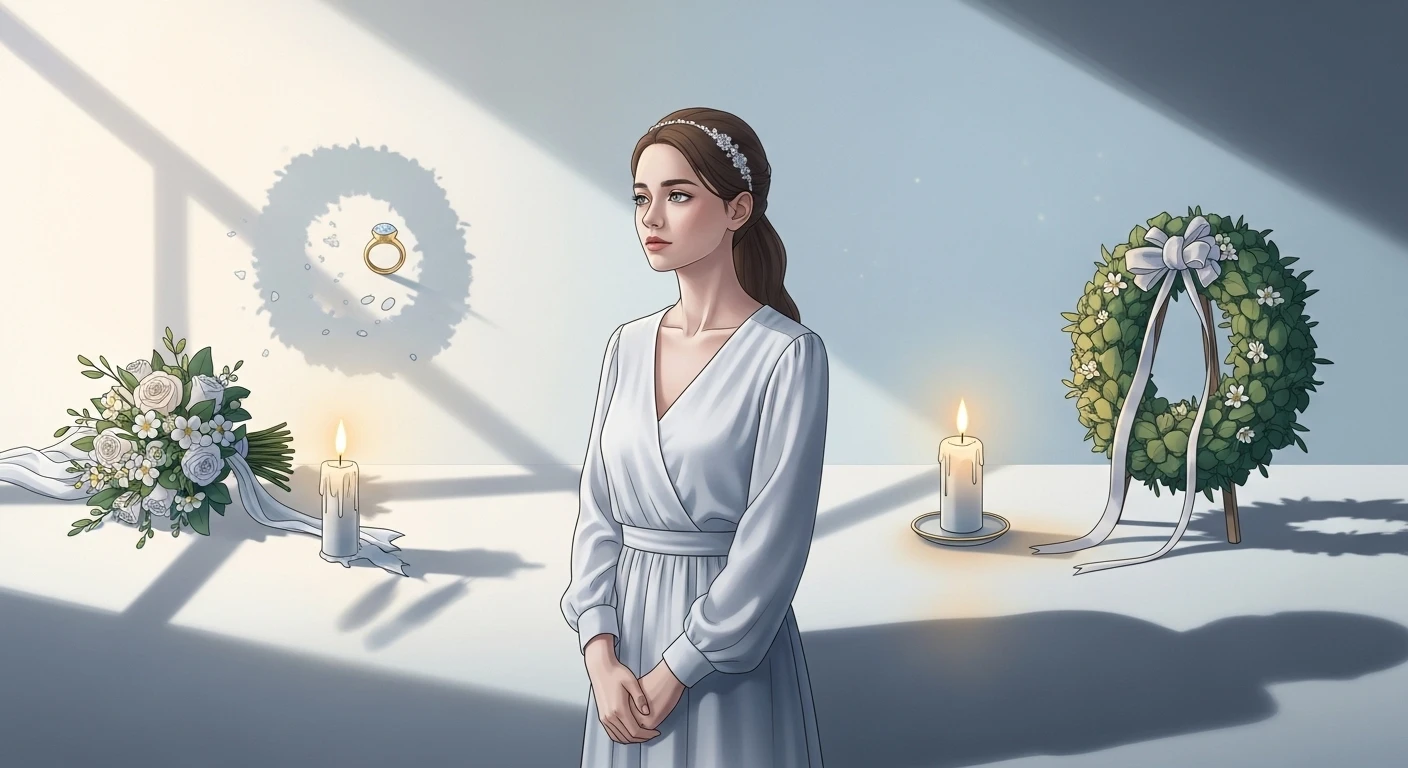 Hai bàn tay nắm chặt, một bên mang nhẫn cưới, một bên phủ khăn tang, tượng trưng cho sự giao thoa giữa sinh và diệt, khởi đầu và kết thúc trong giấc mơ.