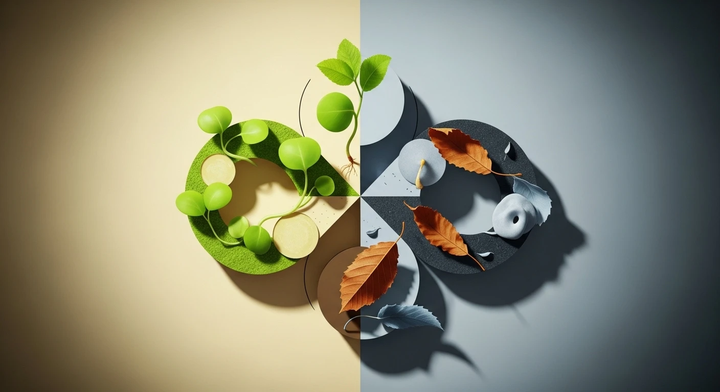 Một con đường chia đôi, một bên dẫn đến nghĩa trang với cây khô, một bên dẫn đến cổng cưới với hoa tươi, tượng trưng cho những lựa chọn và chuyển đổi lớn trong cuộc đời.