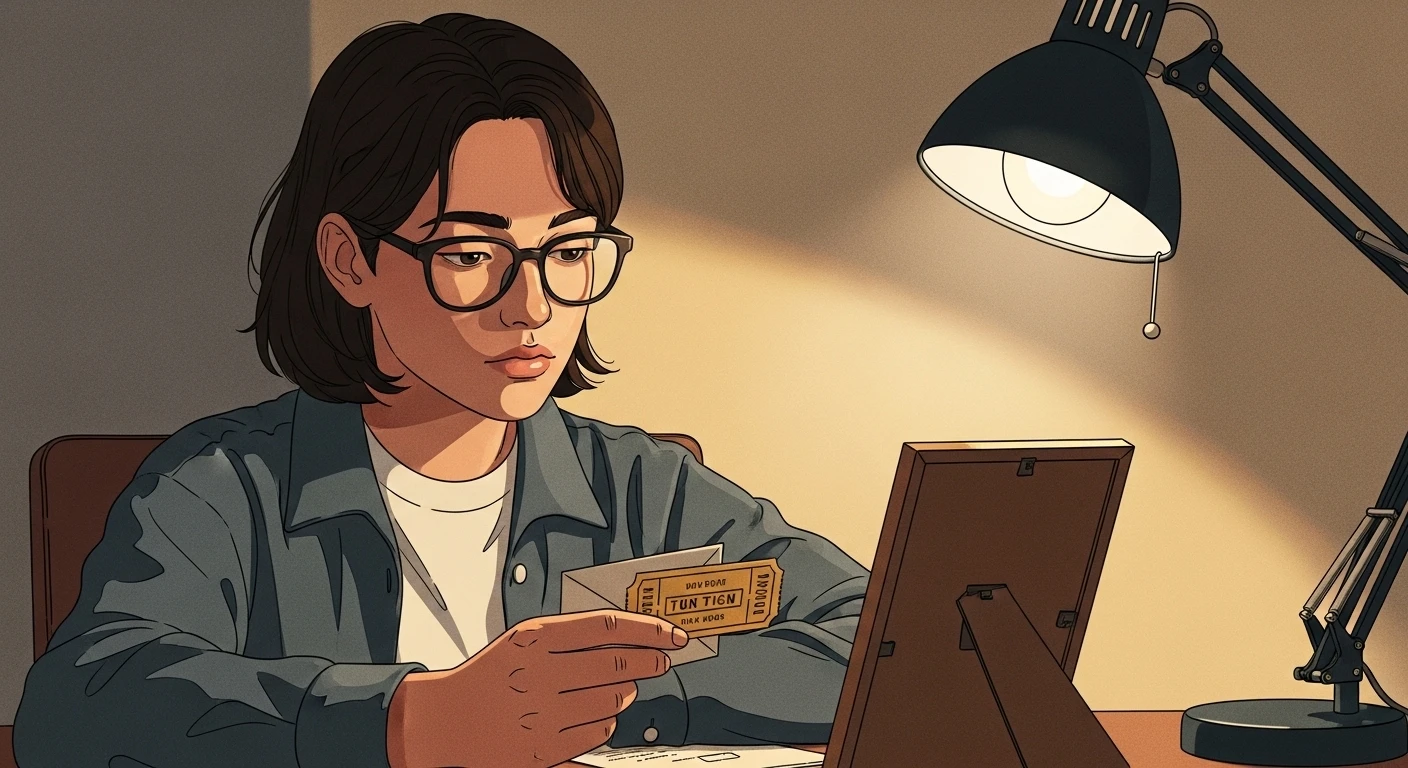 Một người phụ nữ đang ngồi bên cửa sổ, nhìn ra ngoài với vẻ trầm tư, ánh mắt hướng về phía xa xăm, tượng trưng cho việc suy ngẫm về quá khứ và tương lai sau một giấc mơ.