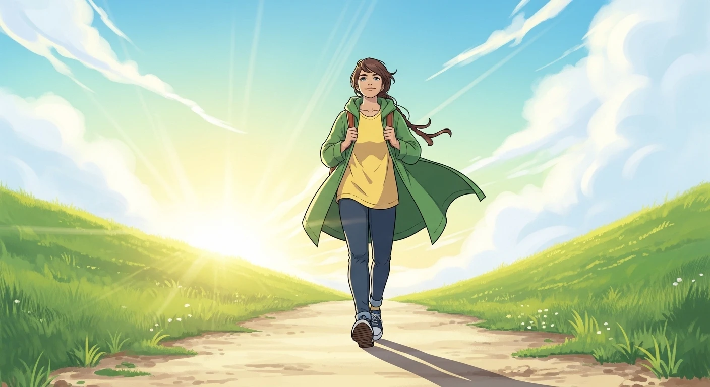 Một người phụ nữ đang vươn tay ra đón ánh nắng mặt trời, tượng trưng cho sự tự do, hy vọng và sẵn sàng đón nhận những điều mới mẻ sau khi đã buông bỏ quá khứ.