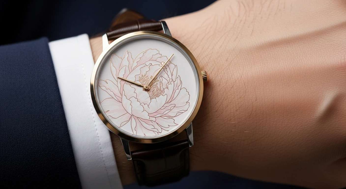 Một chiếc đồng hồ đeo tay nam giới với mặt đồng hồ được chạm khắc hoặc in hình hoa mẫu đơn tinh xảo, thể hiện sự sang trọng và ý nghĩa phong thủy cầu duyên.