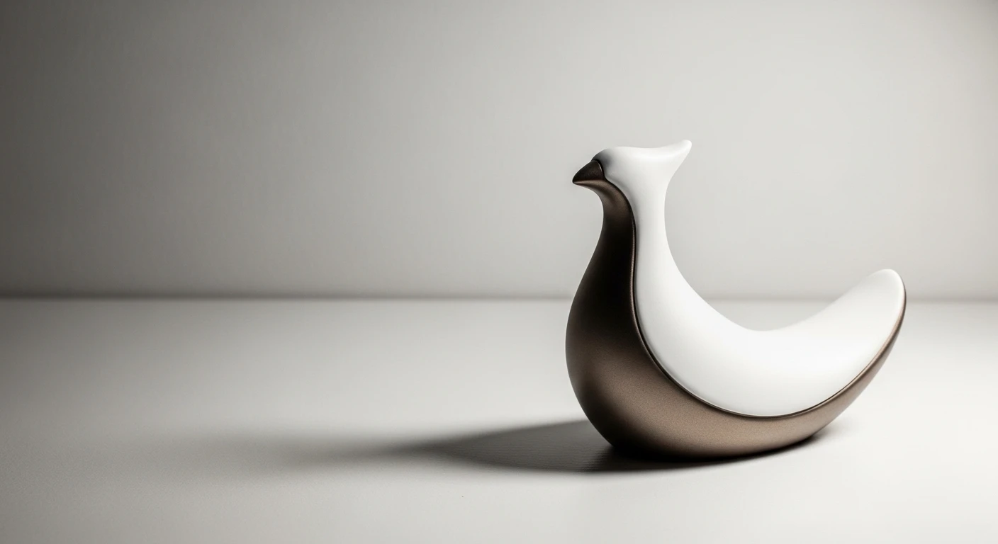 Một tượng phượng hoàng phong thủy được làm từ đồng hoặc gốm sứ, đặt trên một kệ gỗ trang trọng, tượng trưng cho tình yêu vĩnh cửu và sự may mắn.