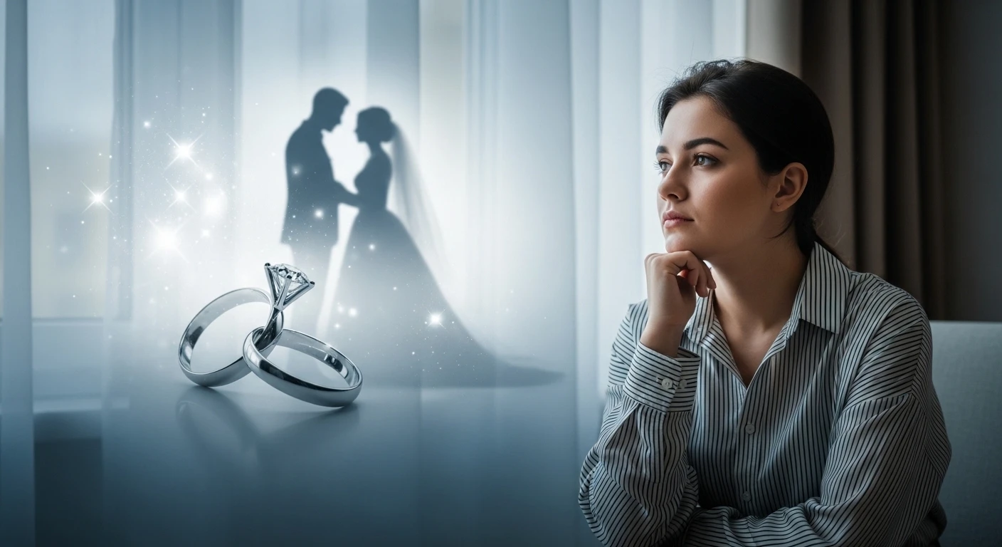 Một cô dâu xinh đẹp trong bộ váy cưới trắng tinh khôi, nhìn xa xăm với vẻ mặt vừa hạnh phúc vừa suy tư, tượng trưng cho những cảm xúc đa chiều trong giấc mơ đám cưới.