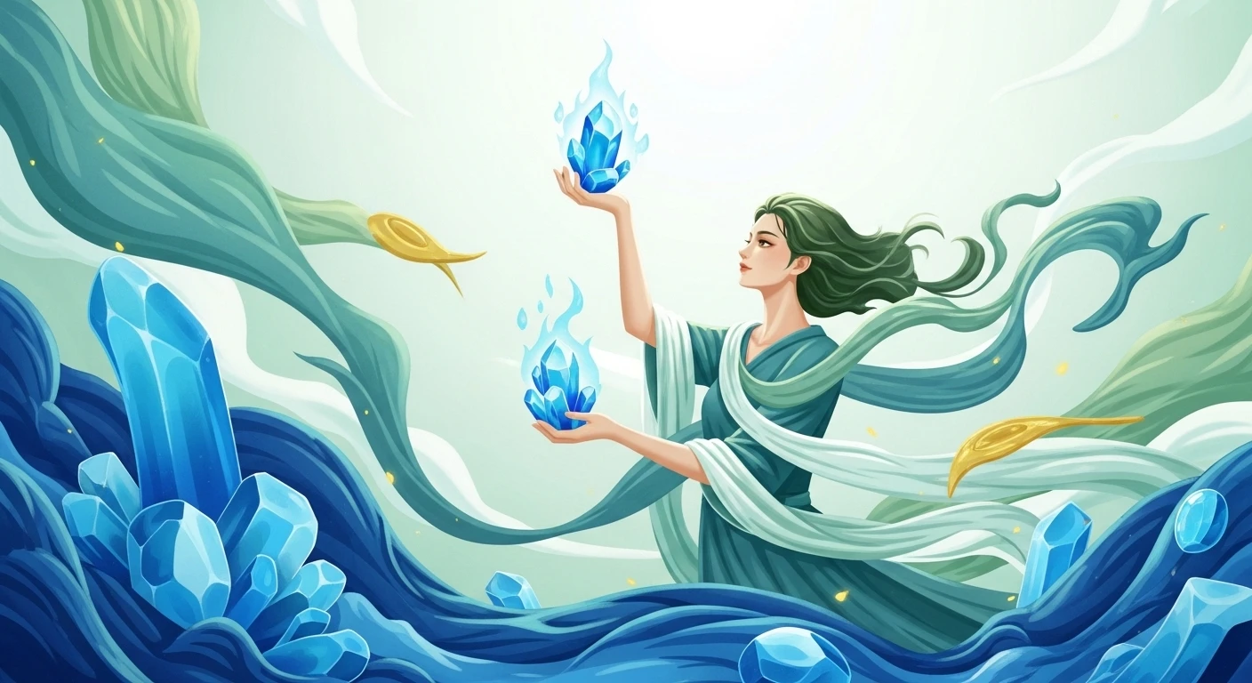 Một cô gái Nhân Mã với trang phục màu xanh dương thanh lịch, toát lên vẻ tự tin và trí tuệ. Bối cảnh là một không gian làm việc hiện đại, có các yếu tố phong thủy.