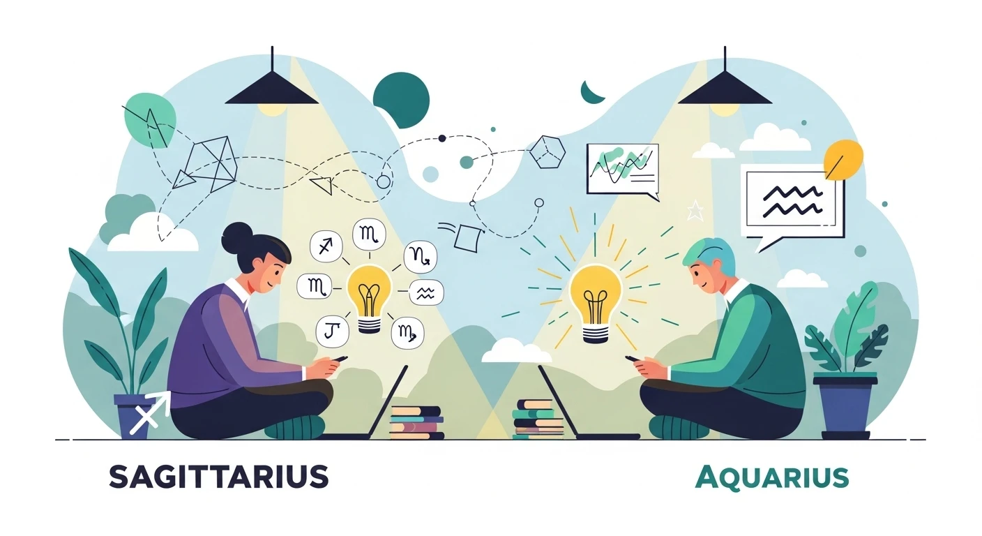 Hai người trẻ đang nhìn lên bầu trời đêm đầy sao, một người chỉ tay về phía chòm sao Nhân Mã, người kia chỉ về phía chòm sao Bảo Bình, thể hiện sự kết nối và khám phá chung.